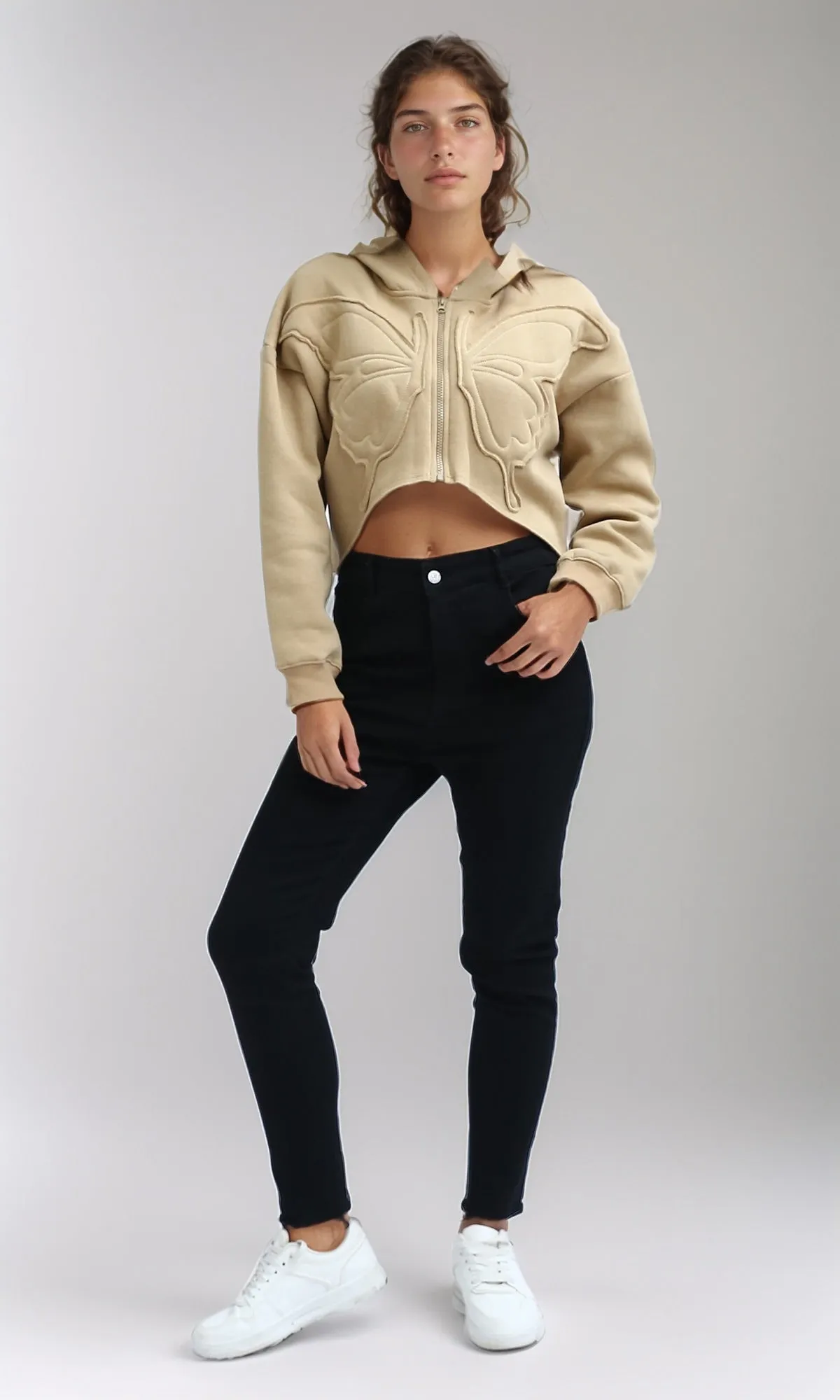 O199241 - Relaxed Fit Printed ''Butterfly'' Cropped Hoodie - Beige