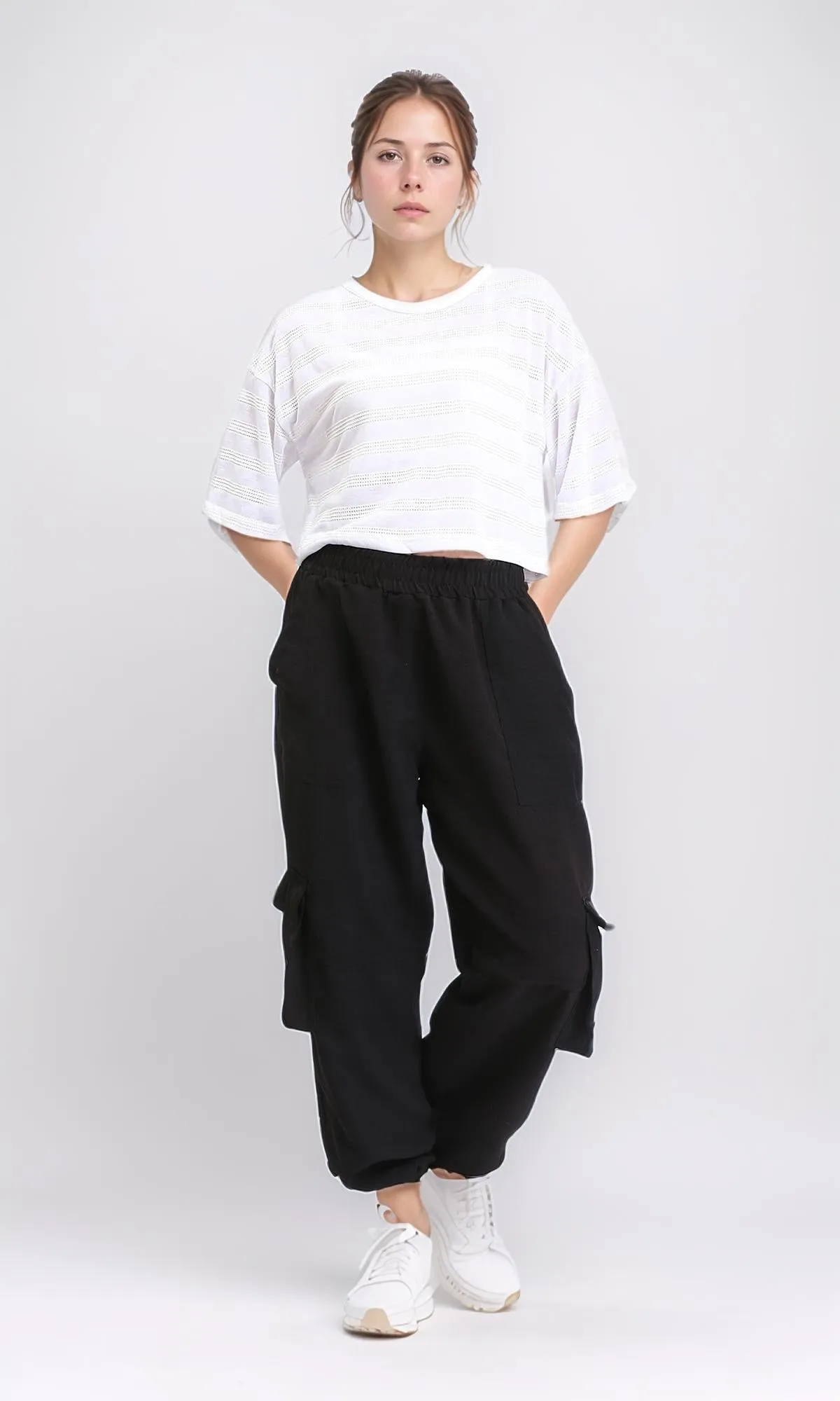 R208701 - Relaxed Perforated Elbow Sleeves Tee - White