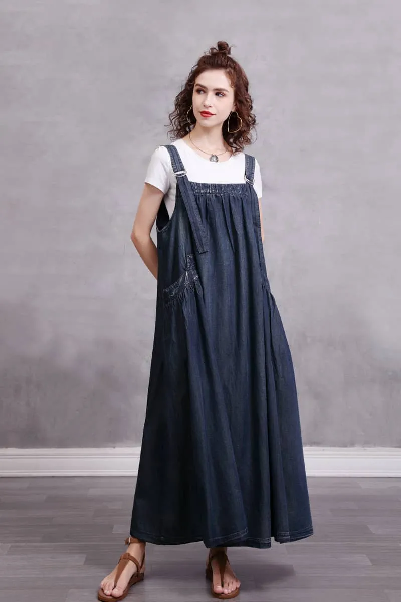 Simple Mid-Length Suspender Dress with a Retro Loose Fit