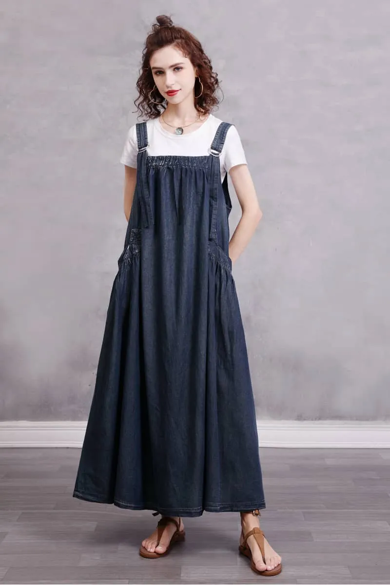 Simple Mid-Length Suspender Dress with a Retro Loose Fit