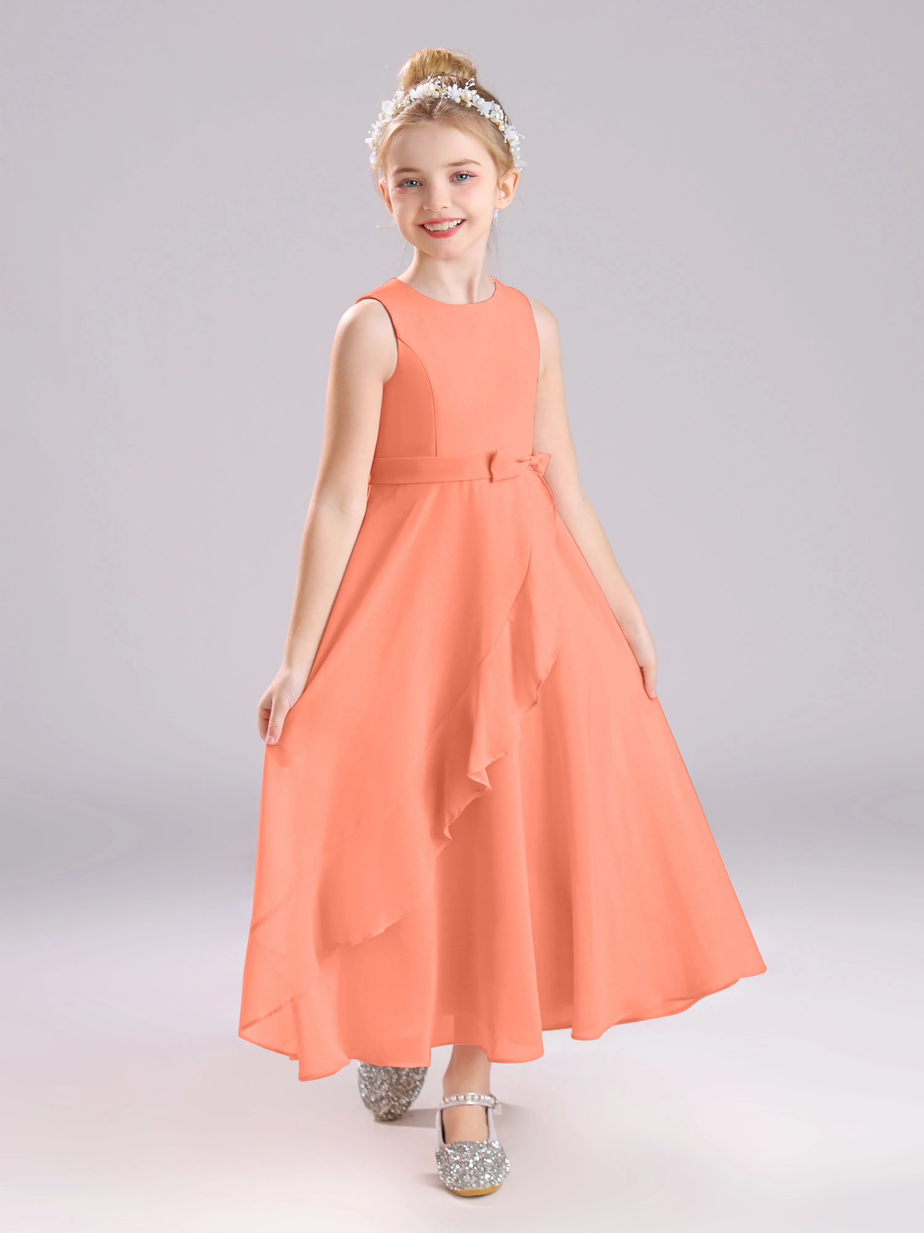 Sleeveless Jewel Long Bowknot Chiffon Junior Bridesmaid Dresses