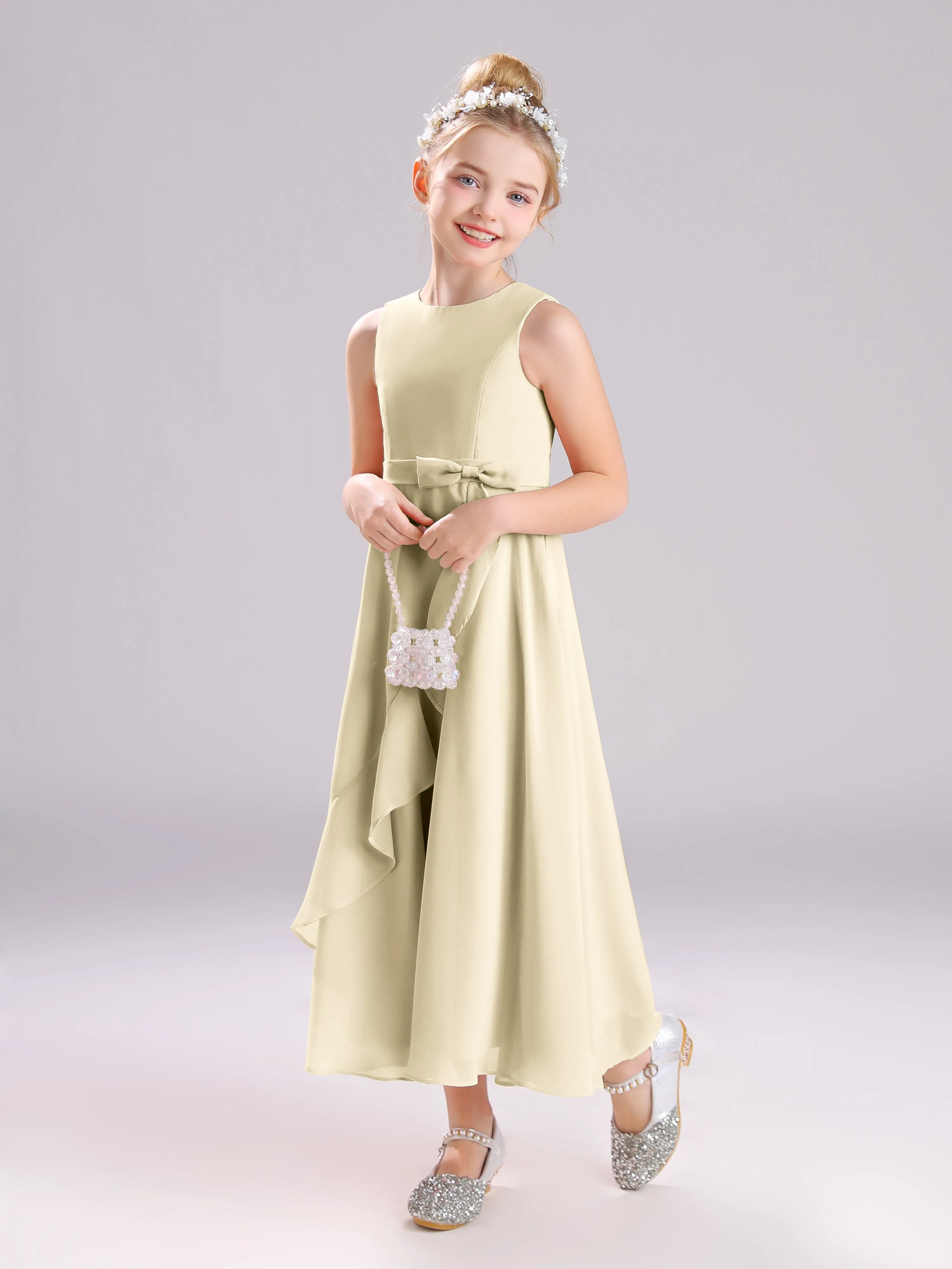 Sleeveless Jewel Long Bowknot Chiffon Junior Bridesmaid Dresses