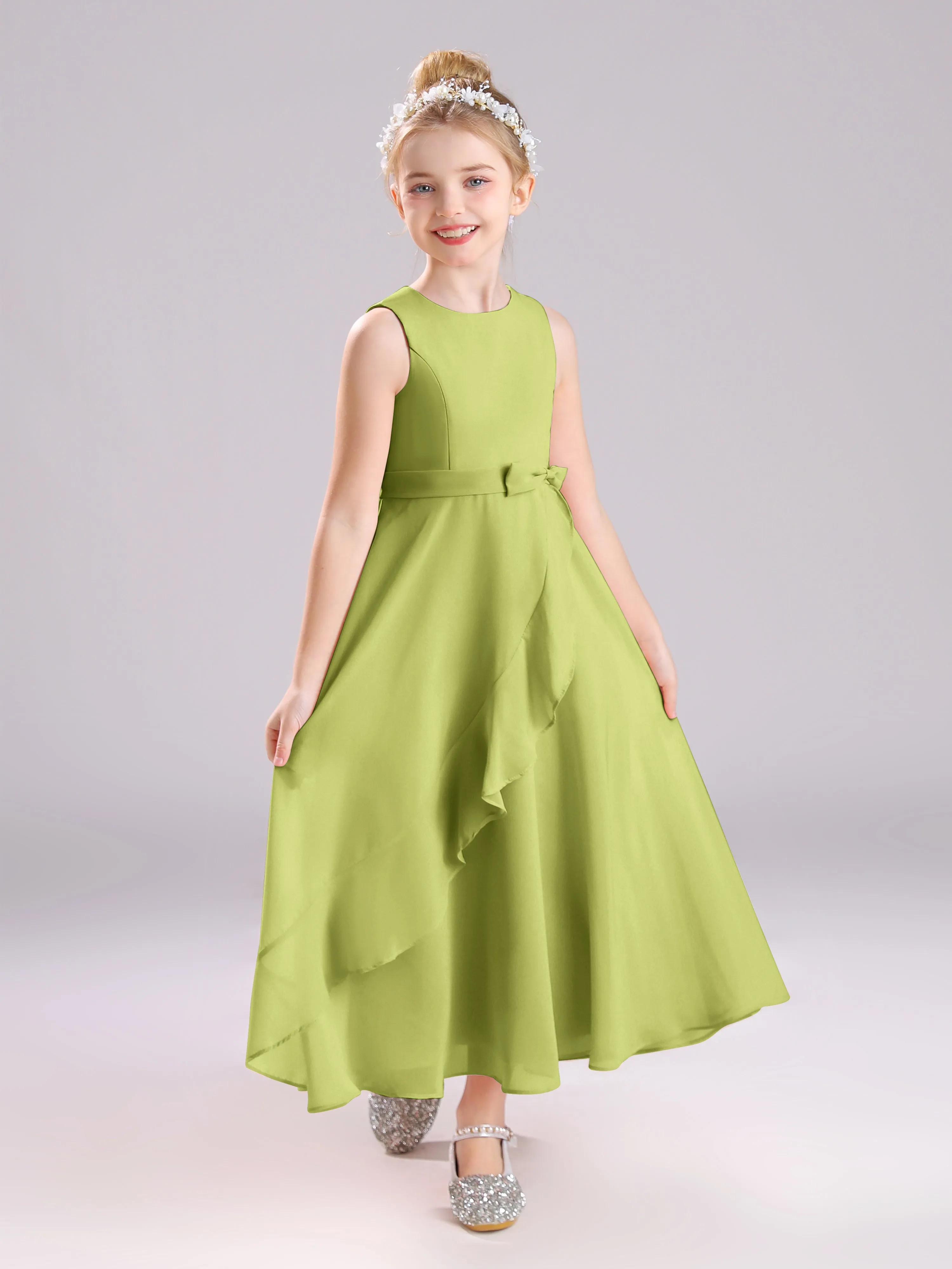 Sleeveless Jewel Long Bowknot Chiffon Junior Bridesmaid Dresses