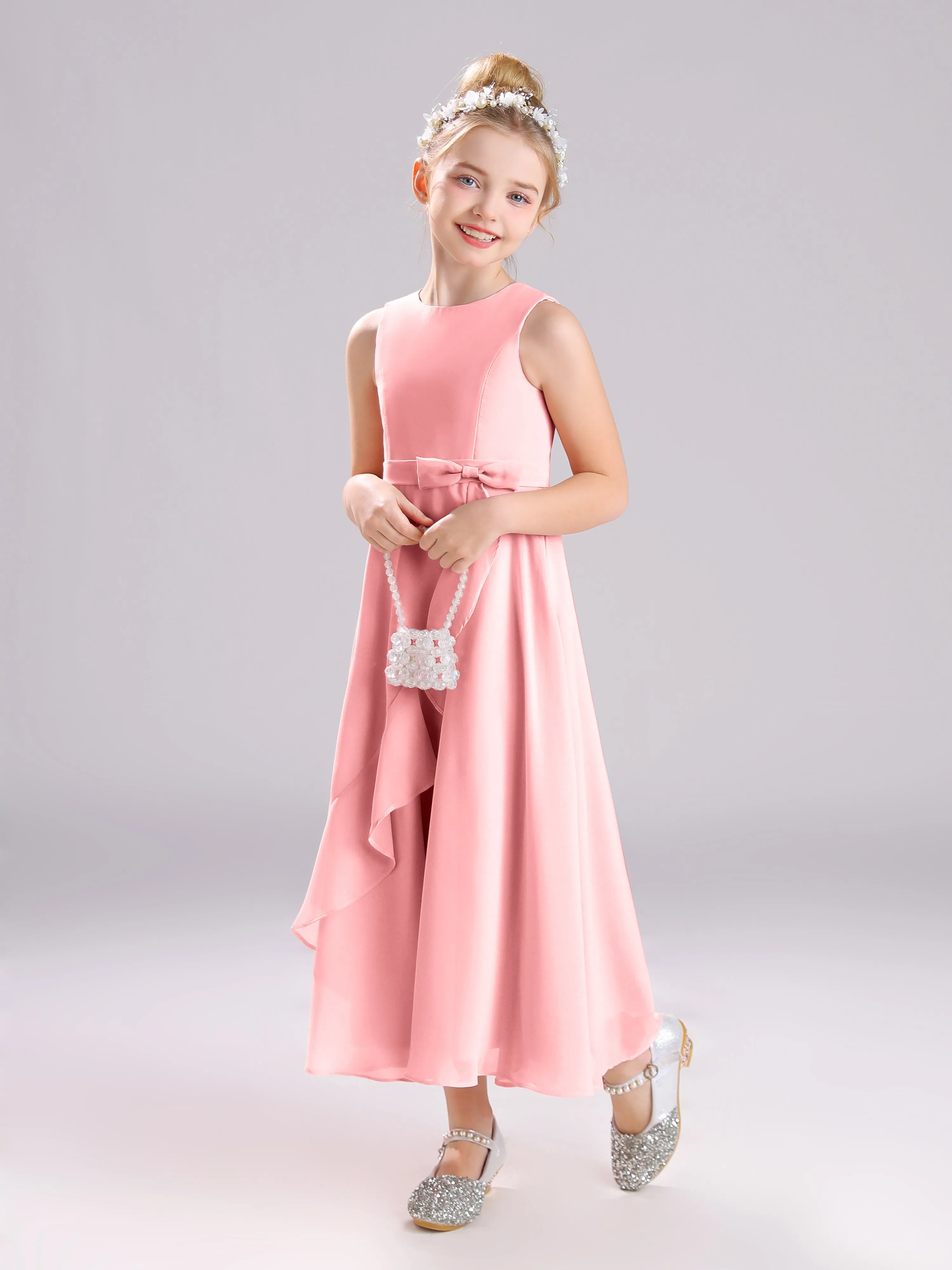 Sleeveless Jewel Long Bowknot Chiffon Junior Bridesmaid Dresses