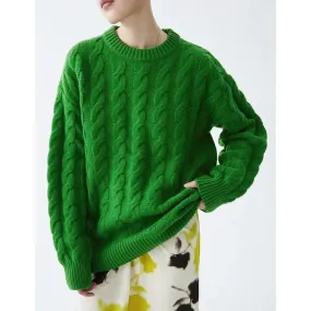 Wenkouban-Christmas Thanksgiving outfits_Heavy weight Merino Woolen Versatile Lazy Loose Round Neck Twisted Flower Christmas Sweater