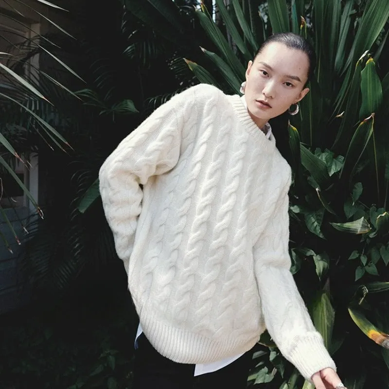Wenkouban-Christmas Thanksgiving outfits_Heavy weight Merino Woolen Versatile Lazy Loose Round Neck Twisted Flower Christmas Sweater