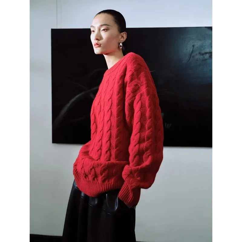 Wenkouban-Christmas Thanksgiving outfits_Heavy weight Merino Woolen Versatile Lazy Loose Round Neck Twisted Flower Christmas Sweater