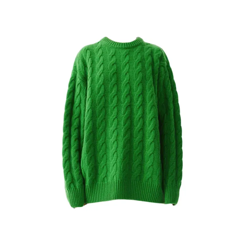 Wenkouban-Christmas Thanksgiving outfits_Heavy weight Merino Woolen Versatile Lazy Loose Round Neck Twisted Flower Christmas Sweater