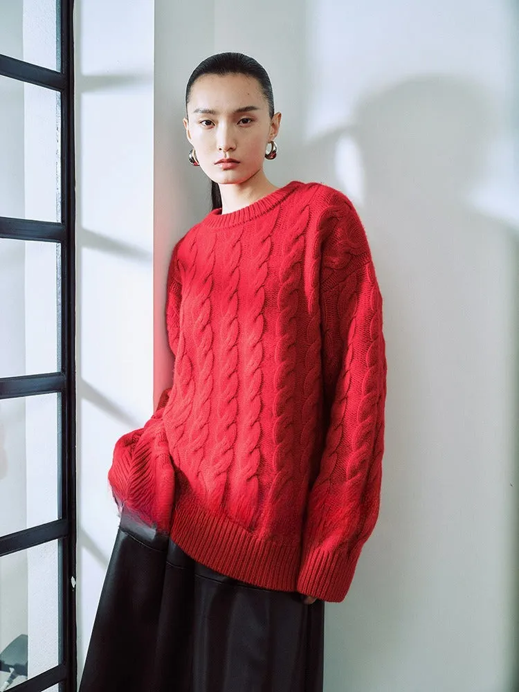 Wenkouban-Christmas Thanksgiving outfits_Heavy weight Merino Woolen Versatile Lazy Loose Round Neck Twisted Flower Christmas Sweater