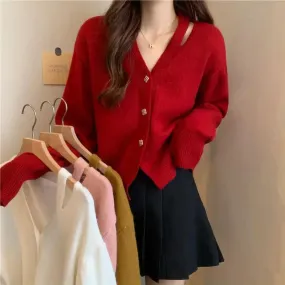 Wenkouban-Christmas Thanksgiving outfits_New V-Neck Button Red Knit Tops Stylish Knitwear Christmas Sweater