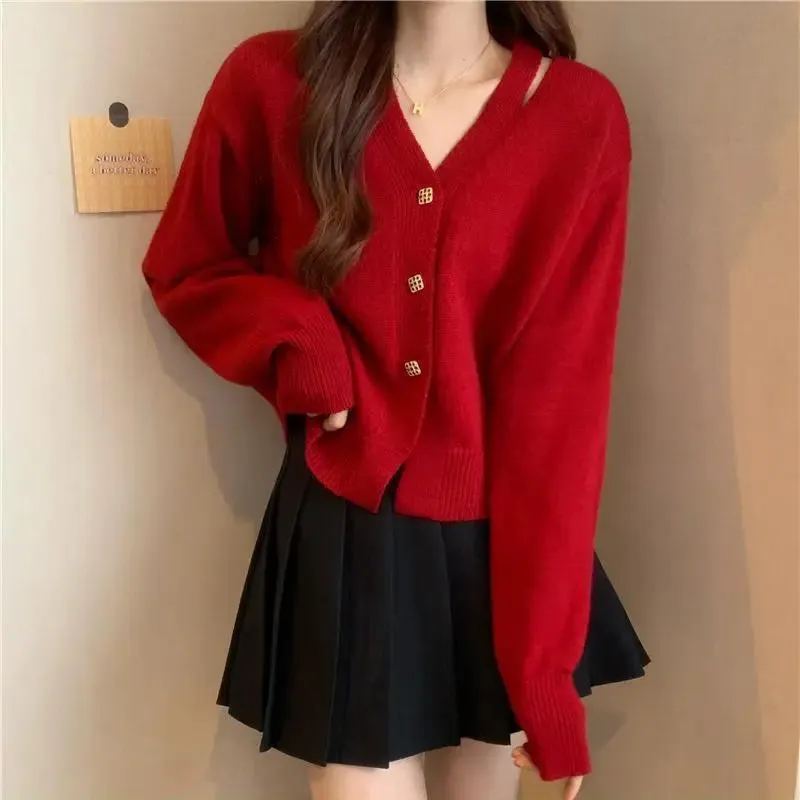 Wenkouban-Christmas Thanksgiving outfits_New V-Neck Button Red Knit Tops Stylish Knitwear Christmas Sweater