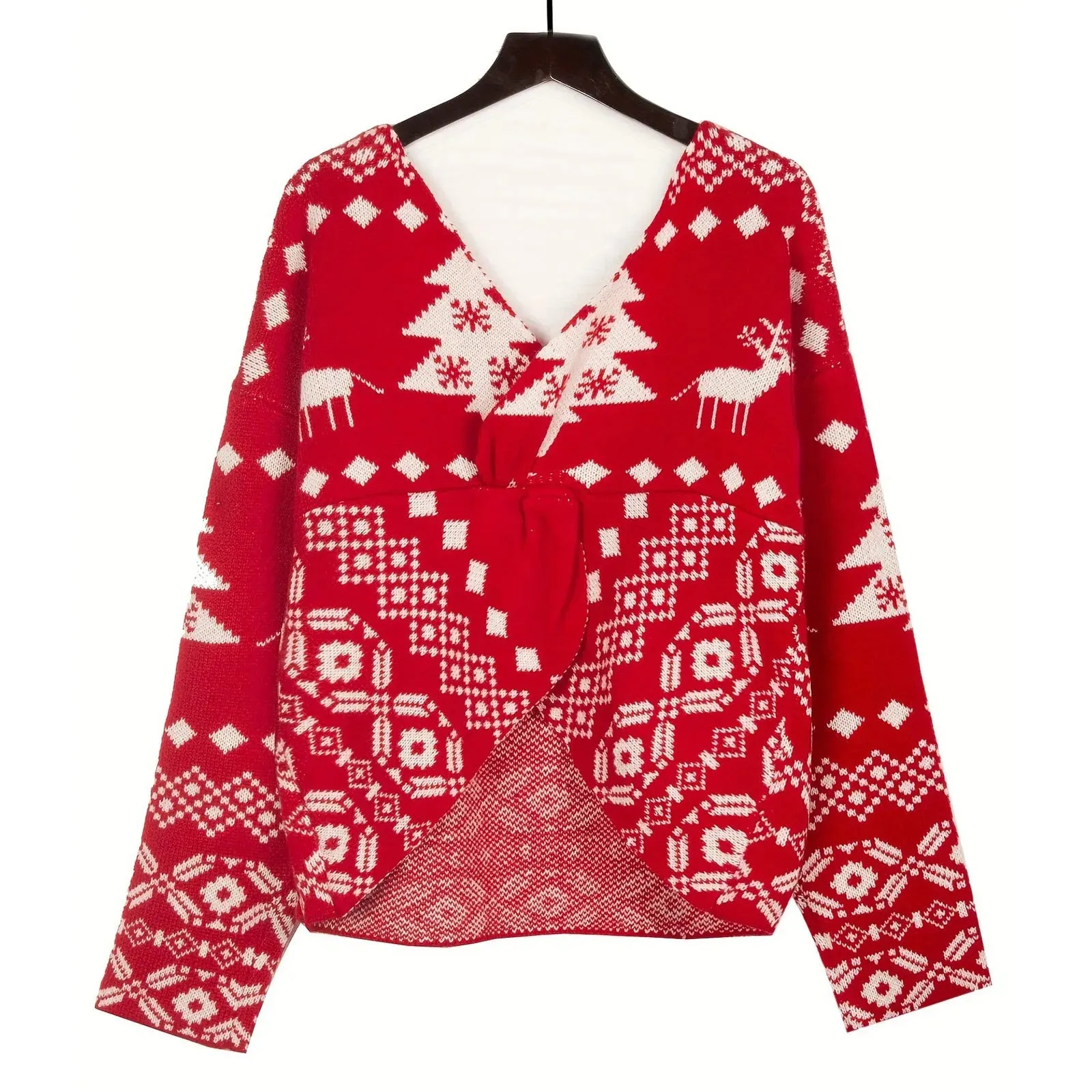 Wenkouban-Christmas Thanksgiving outfits_Sexy Oversized Low Back Deep V-Neck Hot Red Pullover Christmas Sweater