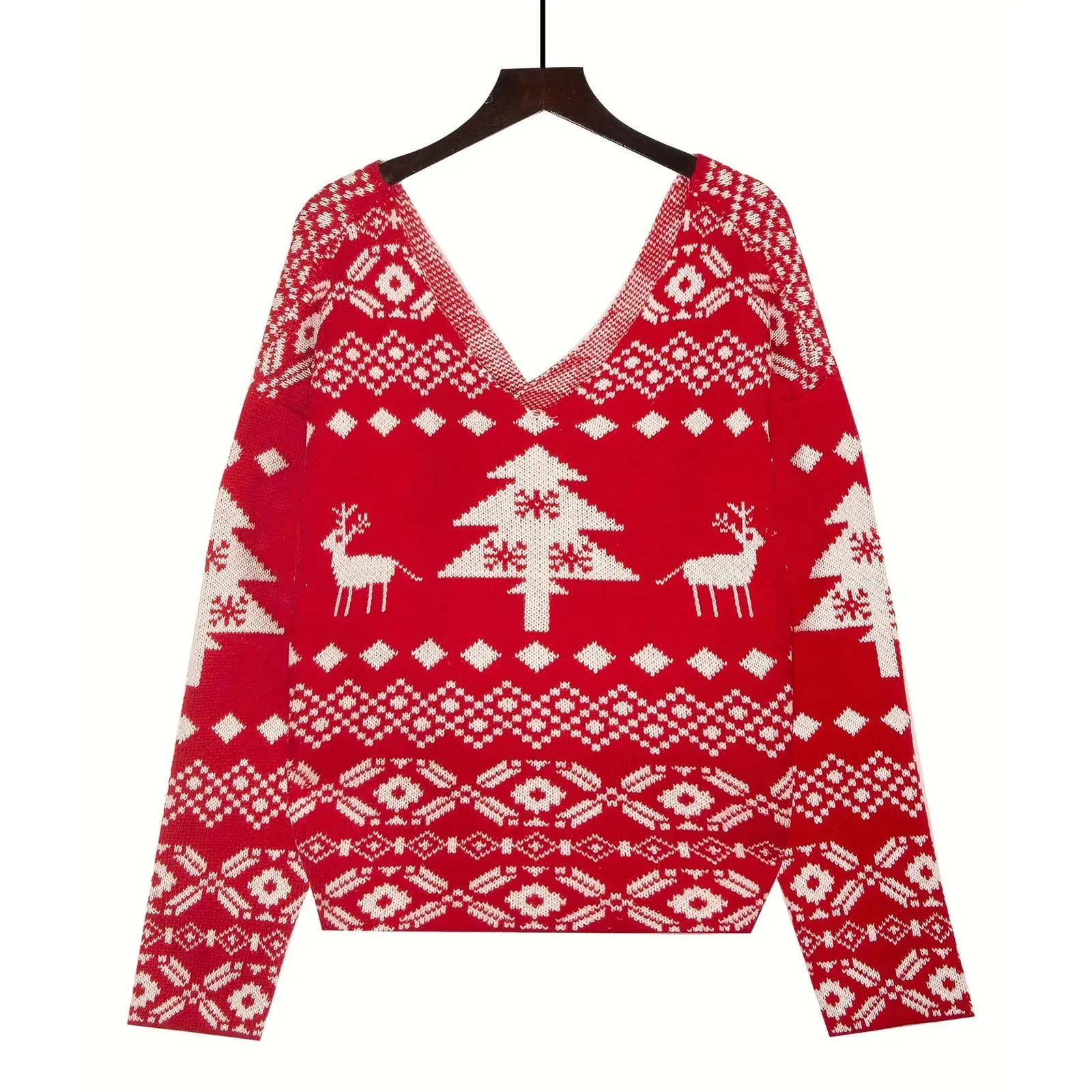 Wenkouban-Christmas Thanksgiving outfits_Sexy Oversized Low Back Deep V-Neck Hot Red Pullover Christmas Sweater