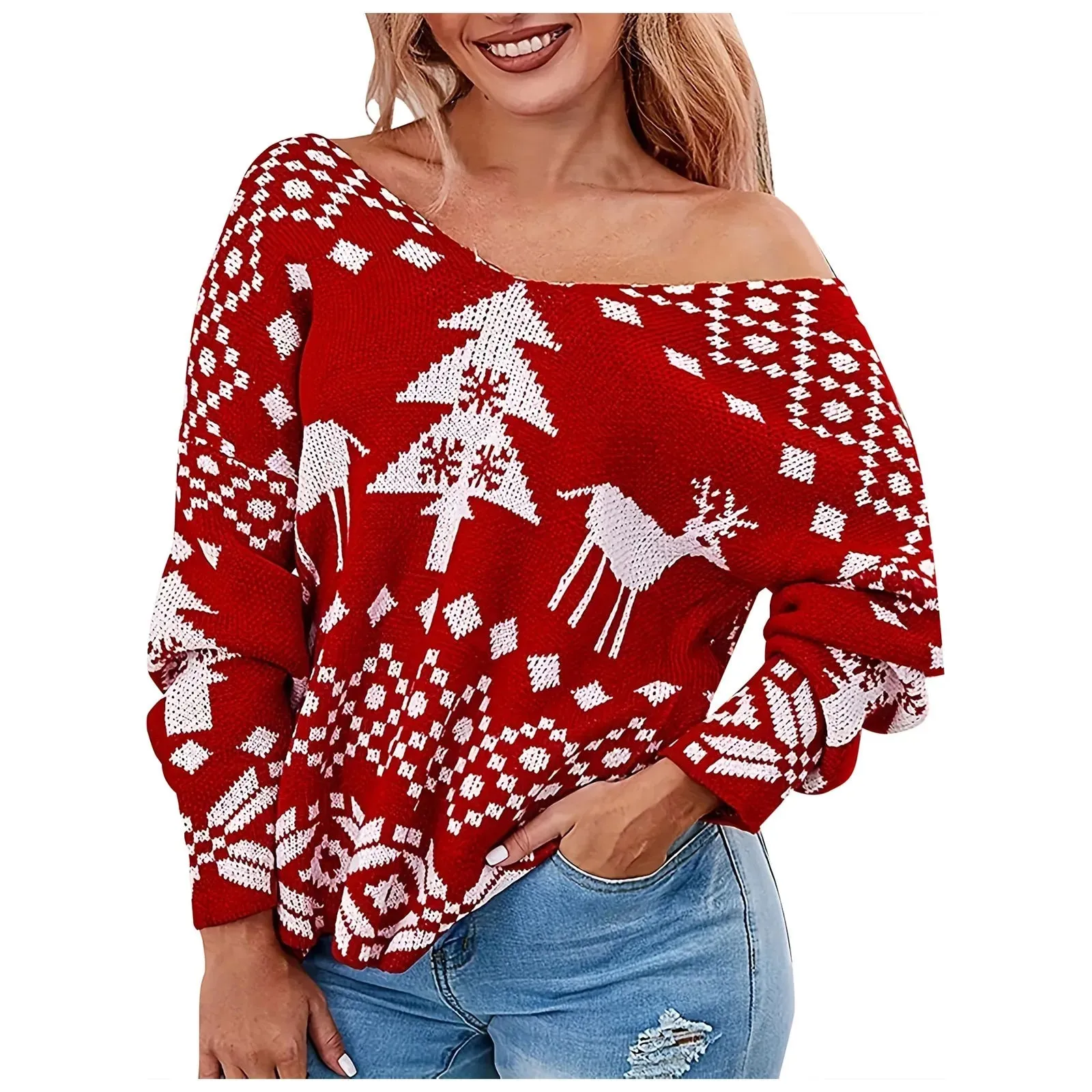 Wenkouban-Christmas Thanksgiving outfits_Sexy Oversized Low Back Deep V-Neck Hot Red Pullover Christmas Sweater