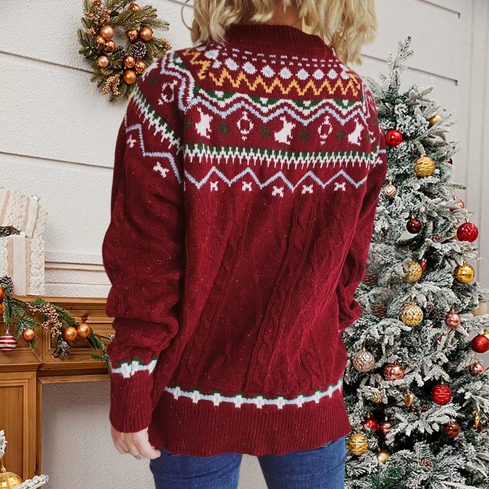 Wenkouban-Christmas Thanksgiving outfits_Vintage Striped Long Sleeve Jacquard O-Neck Loose Christmas Christmas Sweater