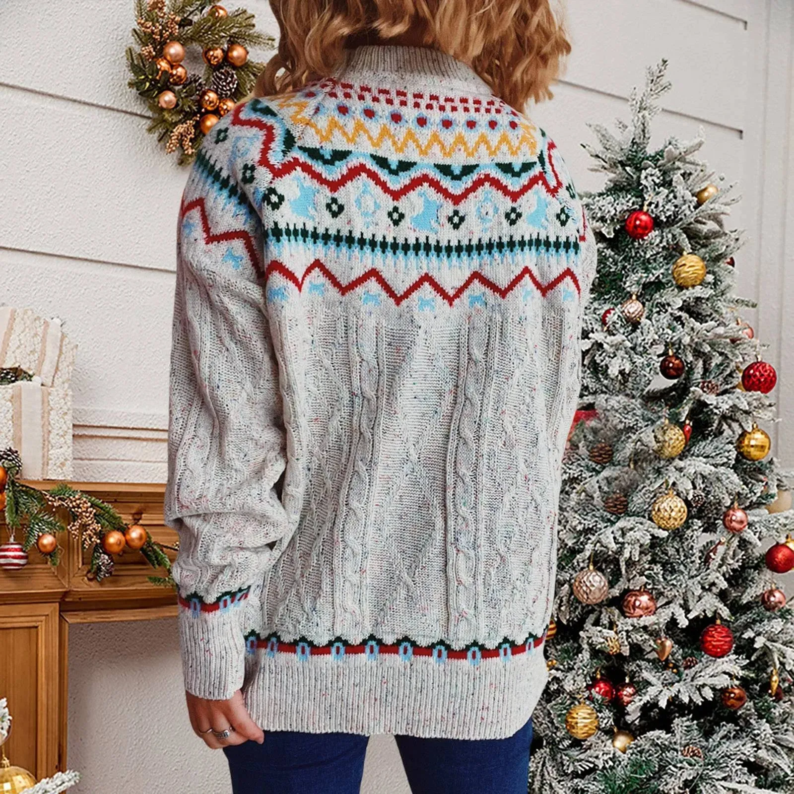 Wenkouban-Christmas Thanksgiving outfits_Vintage Striped Long Sleeve Jacquard O-Neck Loose Christmas Christmas Sweater