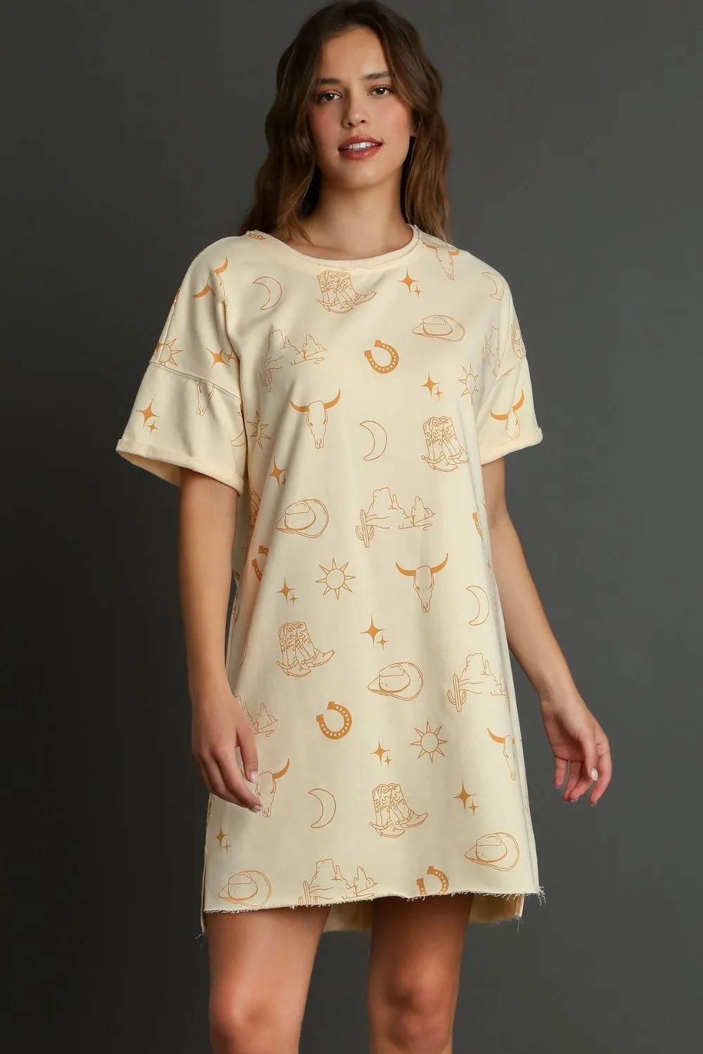 Western Print French Terry Short Sleeve T-Shirt Dress