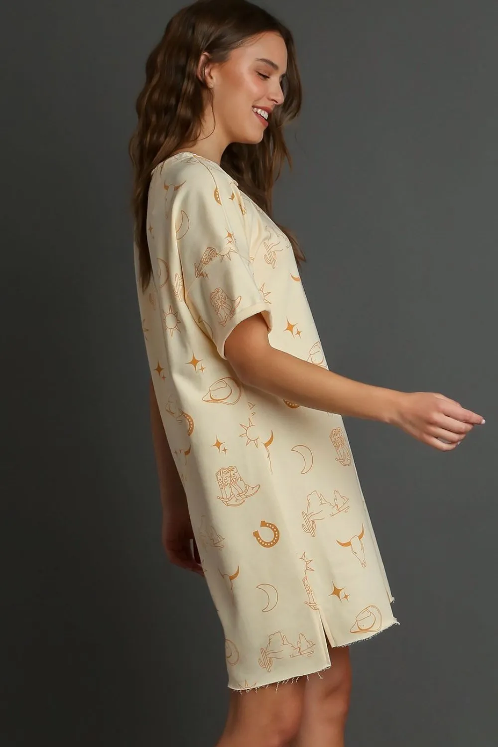 Western Print French Terry Short Sleeve T-Shirt Dress