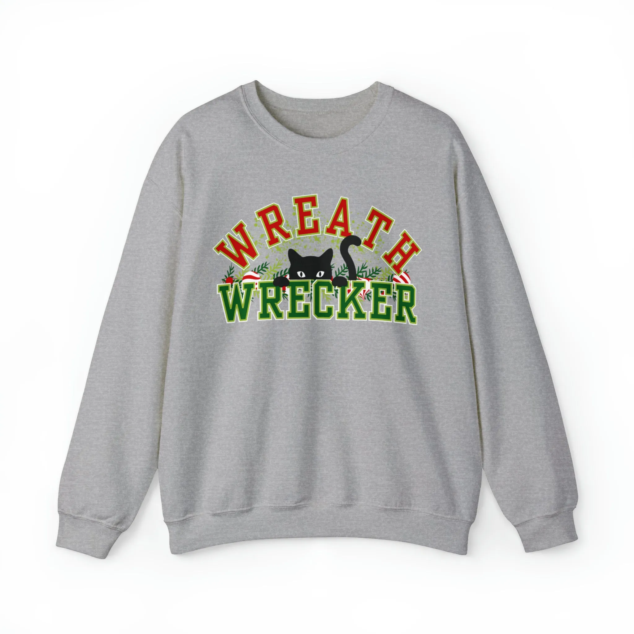 Women's 'Wreath Wrecker' Sweatshirt: Playful Cat Design for Festive Fun and Comfort