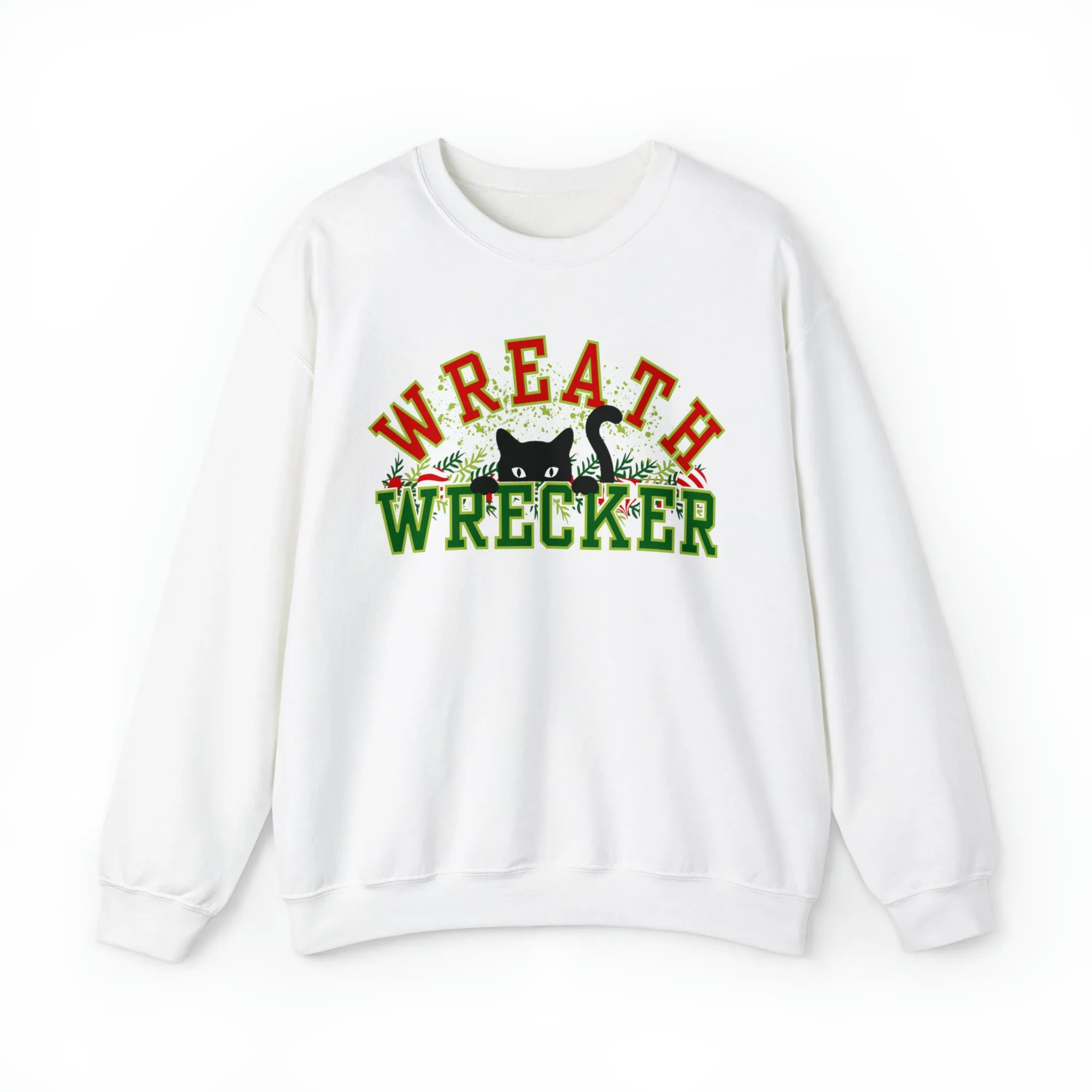 Women's 'Wreath Wrecker' Sweatshirt: Playful Cat Design for Festive Fun and Comfort