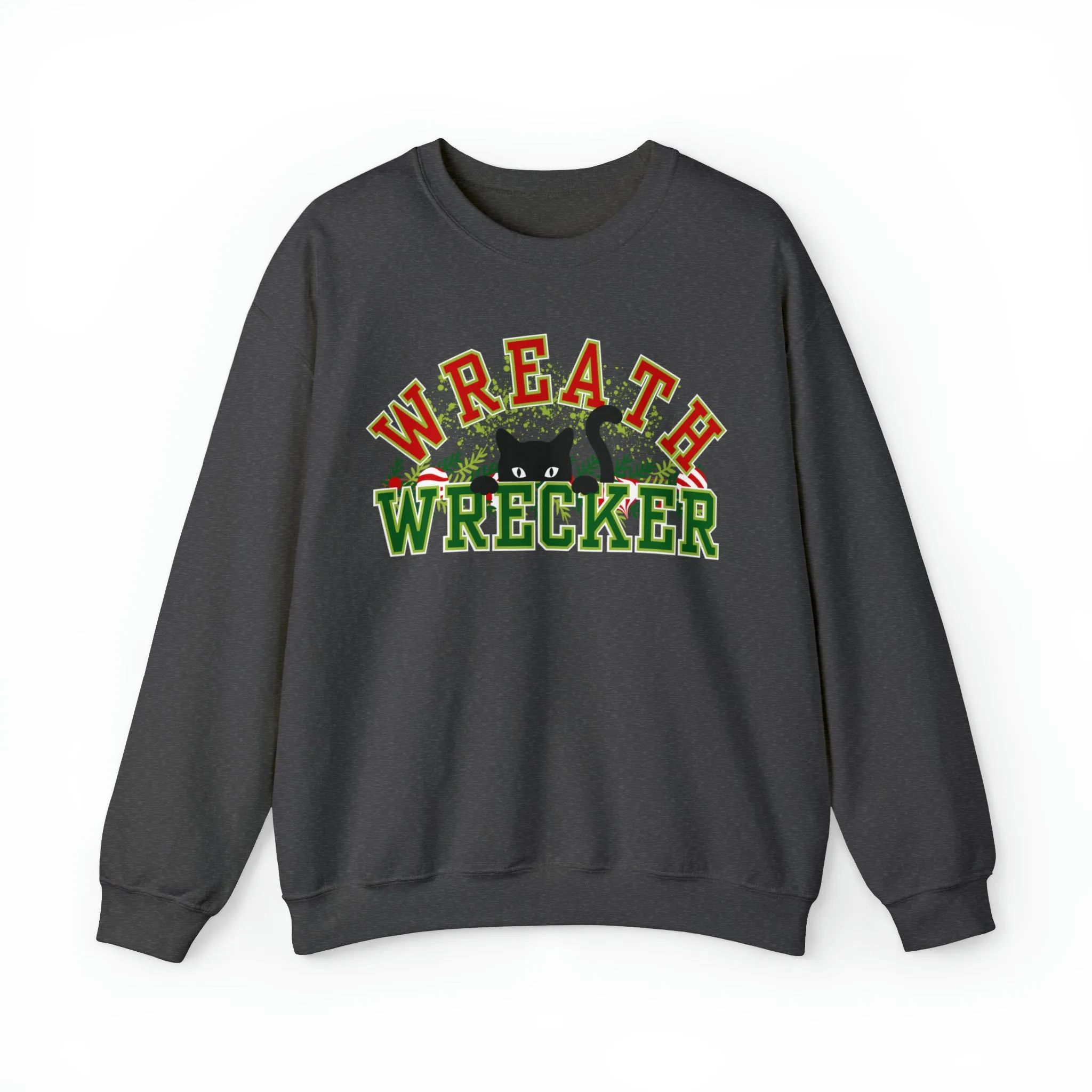 Women's 'Wreath Wrecker' Sweatshirt: Playful Cat Design for Festive Fun and Comfort