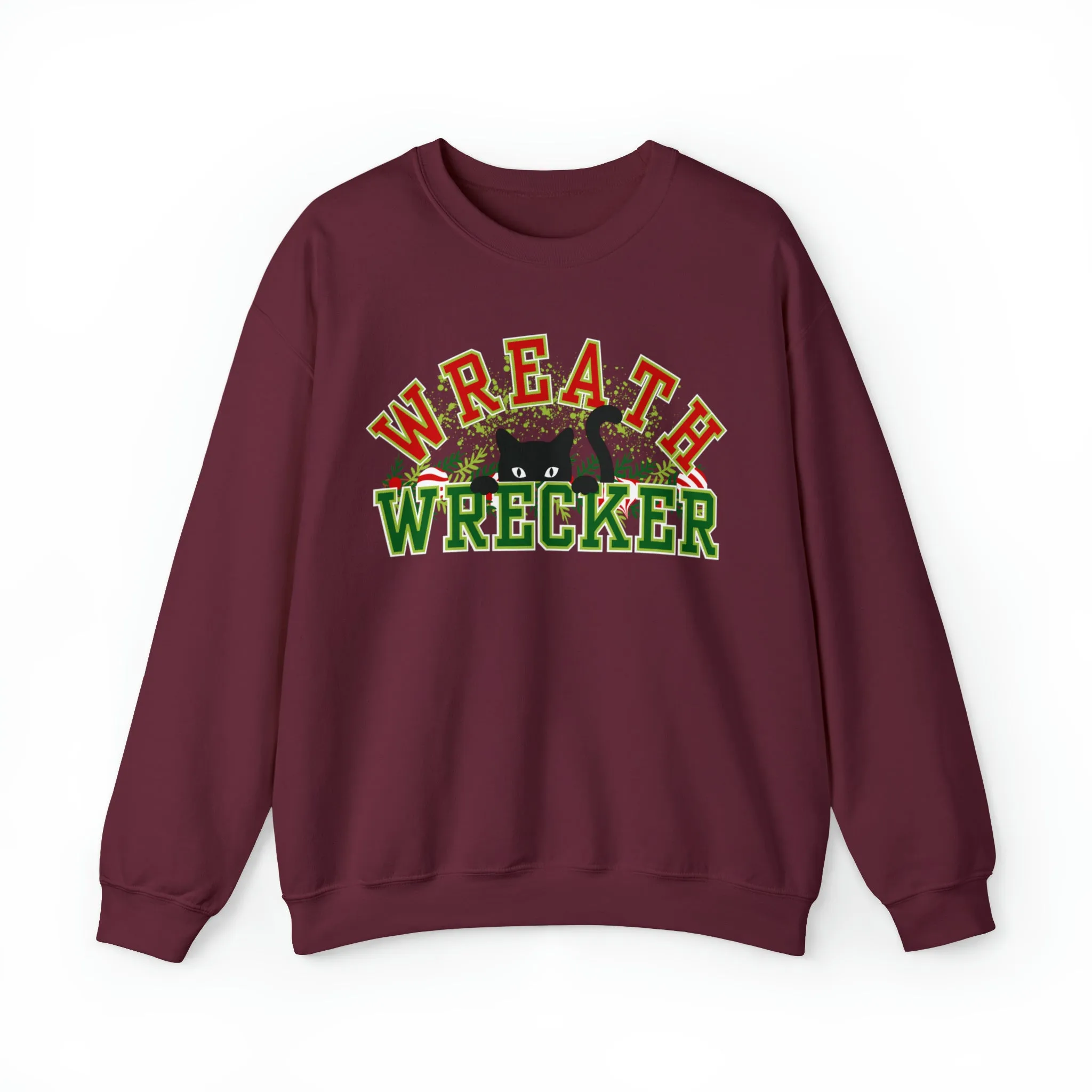 Women's 'Wreath Wrecker' Sweatshirt: Playful Cat Design for Festive Fun and Comfort
