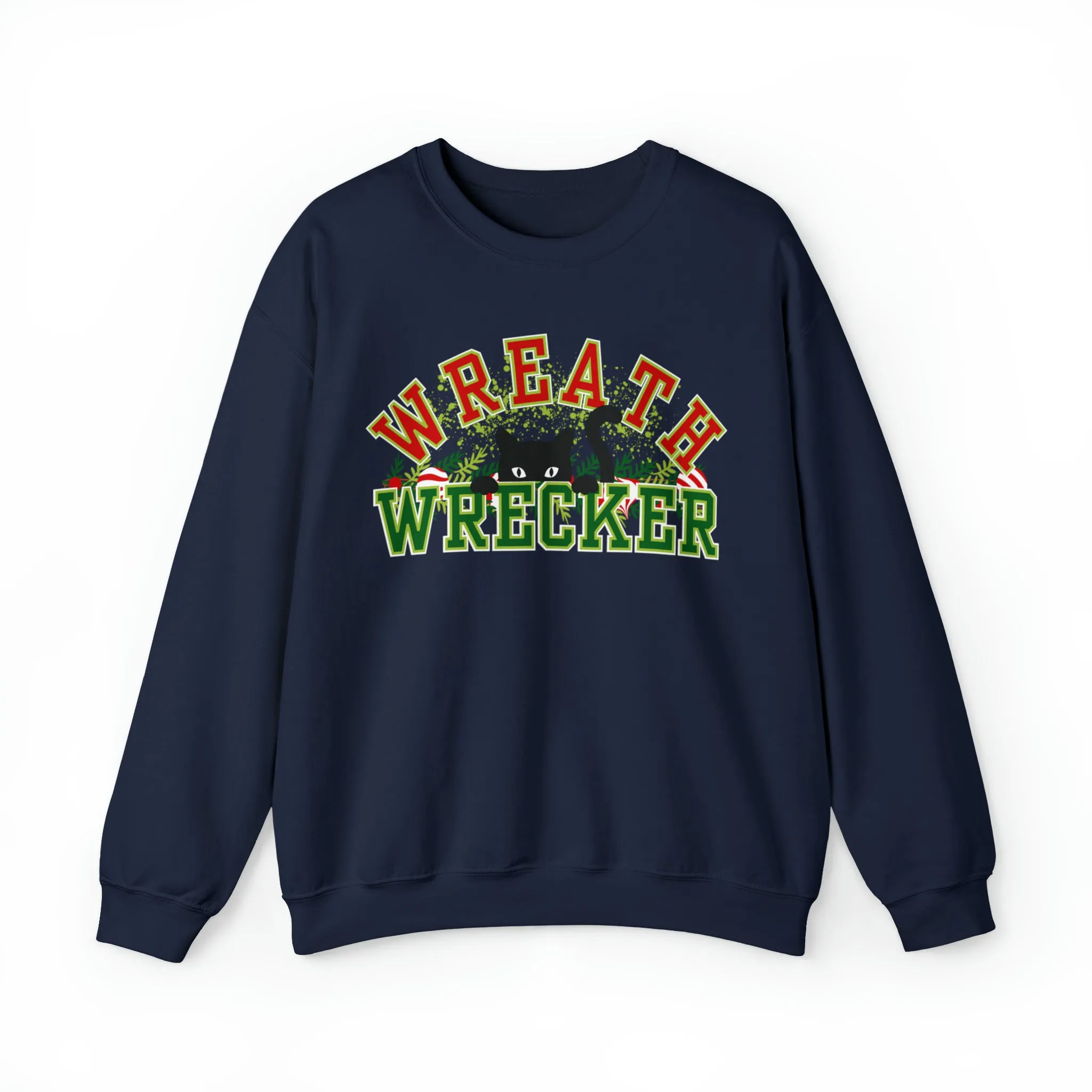 Women's 'Wreath Wrecker' Sweatshirt: Playful Cat Design for Festive Fun and Comfort